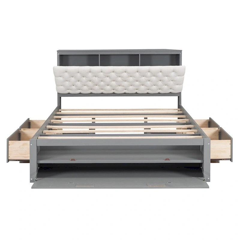 Queen Size Wood Platform Bed with Shoe Rack and Drawers