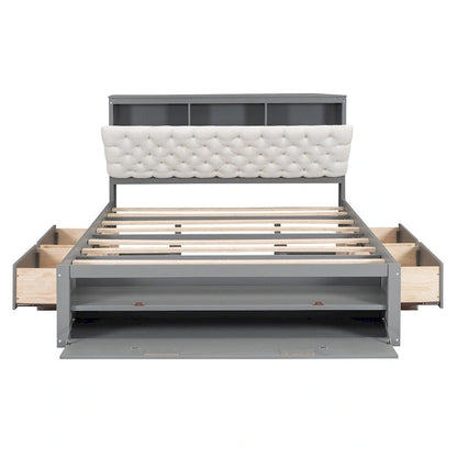 Queen Size Wood Platform Bed with Shoe Rack and Drawers