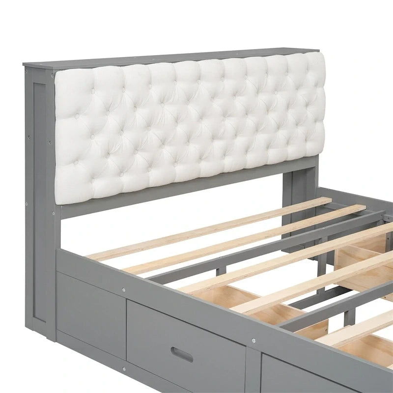 Queen Size Wood Platform Bed with Shoe Rack and Drawers
