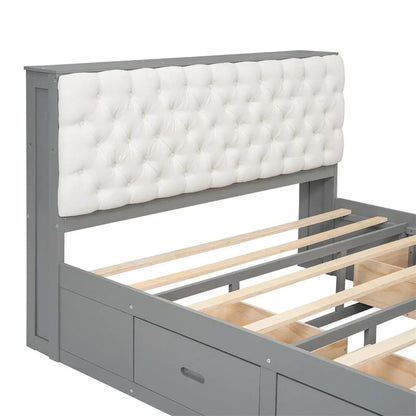 Queen Size Wood Platform Bed with Shoe Rack and Drawers