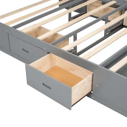 Queen Size Wood Platform Bed with Shoe Rack and Drawers