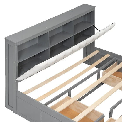 Queen Size Wood Platform Bed with Shoe Rack and Drawers