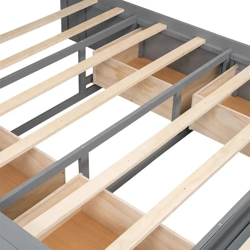 Queen Size Wood Platform Bed with Shoe Rack and Drawers