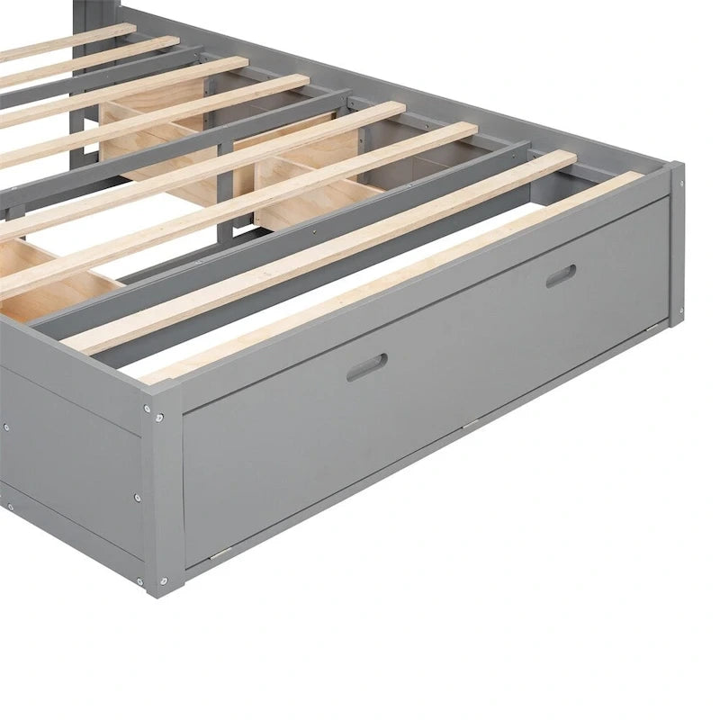 Queen Size Wood Platform Bed with Shoe Rack and Drawers