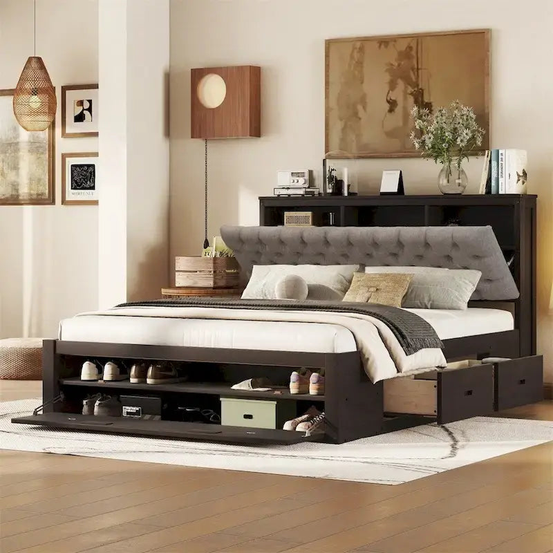 Queen Size Wood Platform Bed with Shoe Rack and Drawers