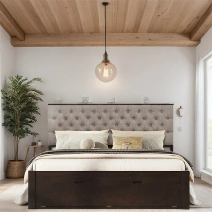 Queen Size Wood Platform Bed with Shoe Rack and Drawers