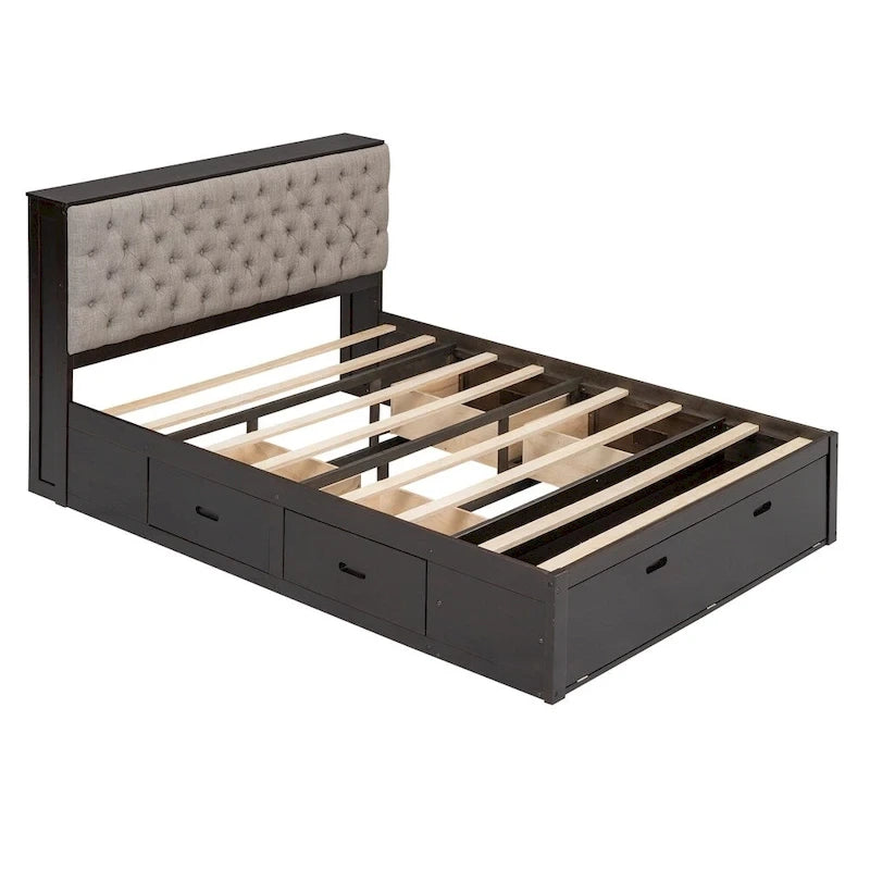 Queen Size Wood Platform Bed with Shoe Rack and Drawers