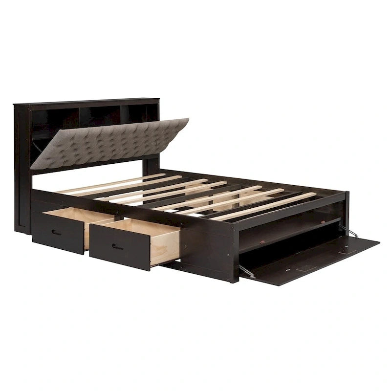 Queen Size Wood Platform Bed with Shoe Rack and Drawers
