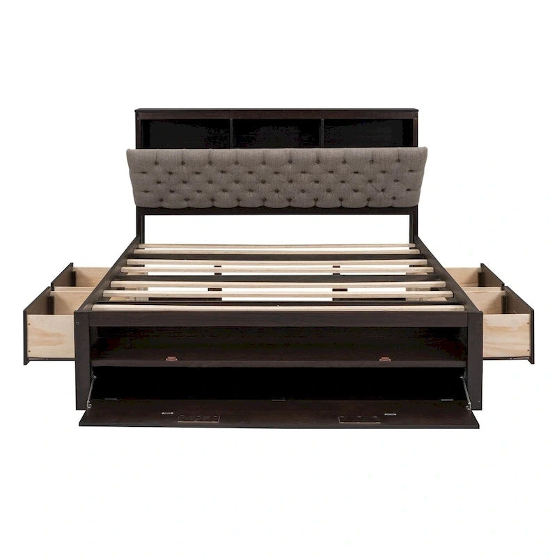 Queen Size Wood Platform Bed with Shoe Rack and Drawers