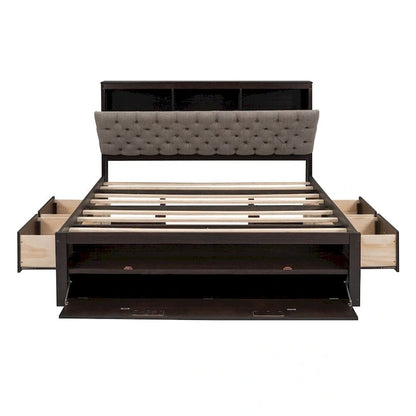 Queen Size Wood Platform Bed with Shoe Rack and Drawers