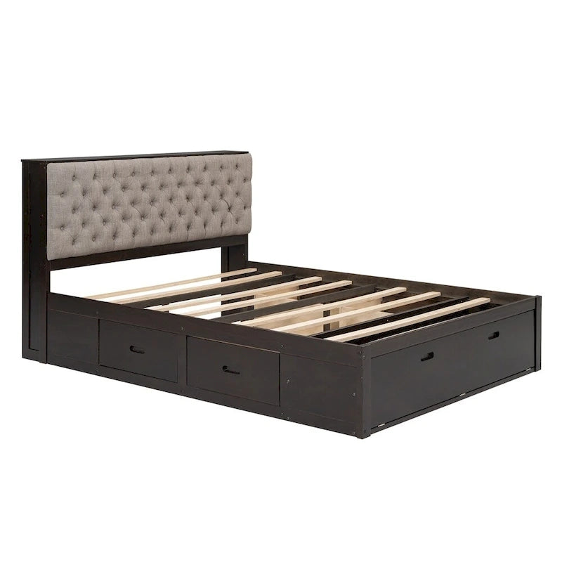 Queen Size Wood Platform Bed with Shoe Rack and Drawers