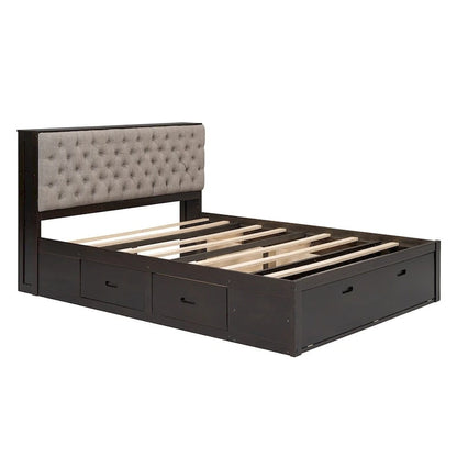 Queen Size Wood Platform Bed with Shoe Rack and Drawers