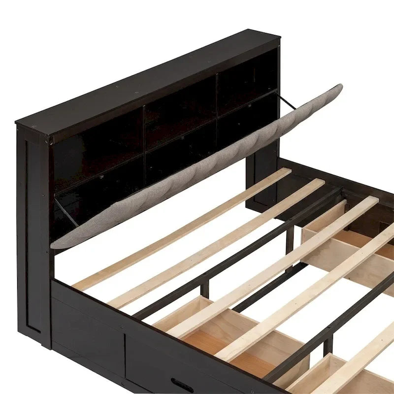 Queen Size Wood Platform Bed with Shoe Rack and Drawers