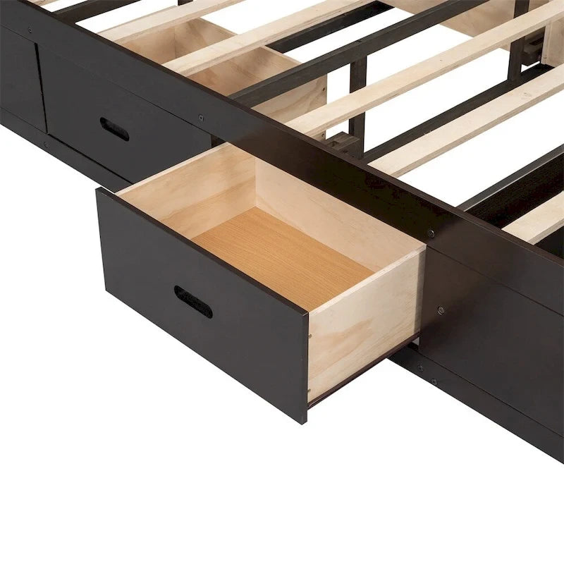 Queen Size Wood Platform Bed with Shoe Rack and Drawers