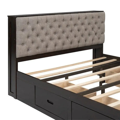Queen Size Wood Platform Bed with Shoe Rack and Drawers
