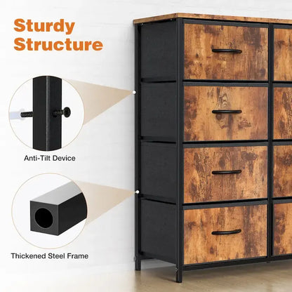 Bedroom Storage with 8 Drawers Tall Dresser & Chest of Drawers Fabric Dresser with Wood Top and Sturdy Steel Frame