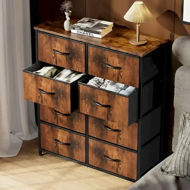 Bedroom Storage with 8 Drawers Tall Dresser & Chest of Drawers Fabric Dresser with Wood Top and Sturdy Steel Frame