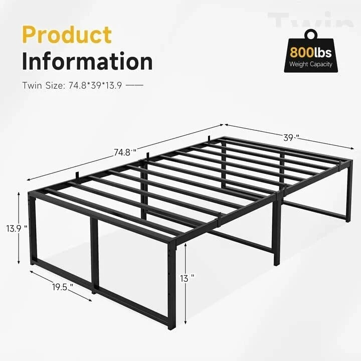 14 inch Platform Frame, with 3 in 1 Steel Support, No Box Spring Needed, Load Up to 800Lbs