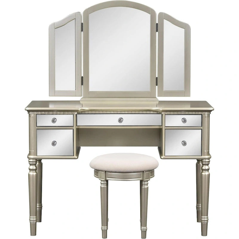 Roomfitters Makeup Vanity Table, 5 Drawers, Foldable Mirror, Stool Included