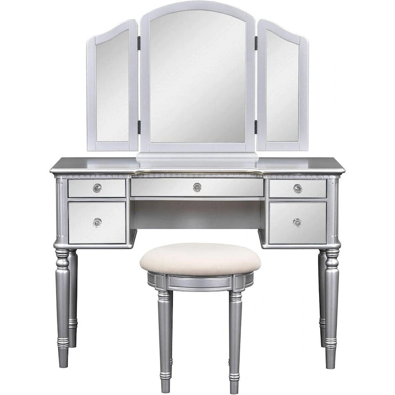 Roomfitters Makeup Vanity Table, 5 Drawers, Foldable Mirror, Stool Included