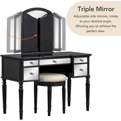 Roomfitters Makeup Vanity Table, 5 Drawers, Foldable Mirror, Stool Included