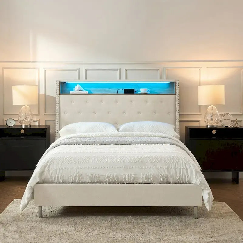 Jose Traditional 61.5 Stylish Tufted Bed with Storage Headboard and Warm Night Light by HULALA HOME