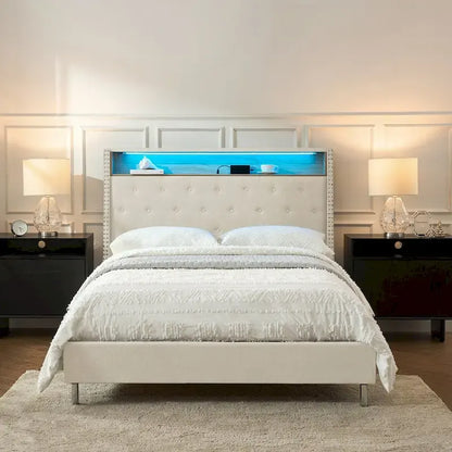 Jose Traditional 61.5 Stylish Tufted Bed with Storage Headboard and Warm Night Light by HULALA HOME