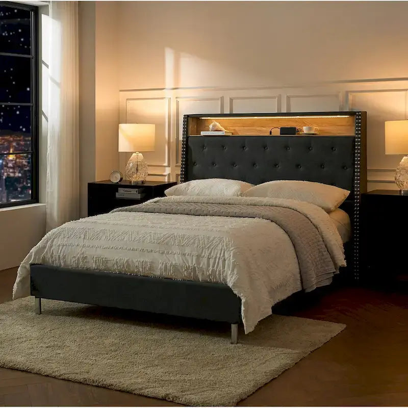 Jose Traditional 61.5 Stylish Tufted Bed with Storage Headboard and Warm Night Light by HULALA HOME