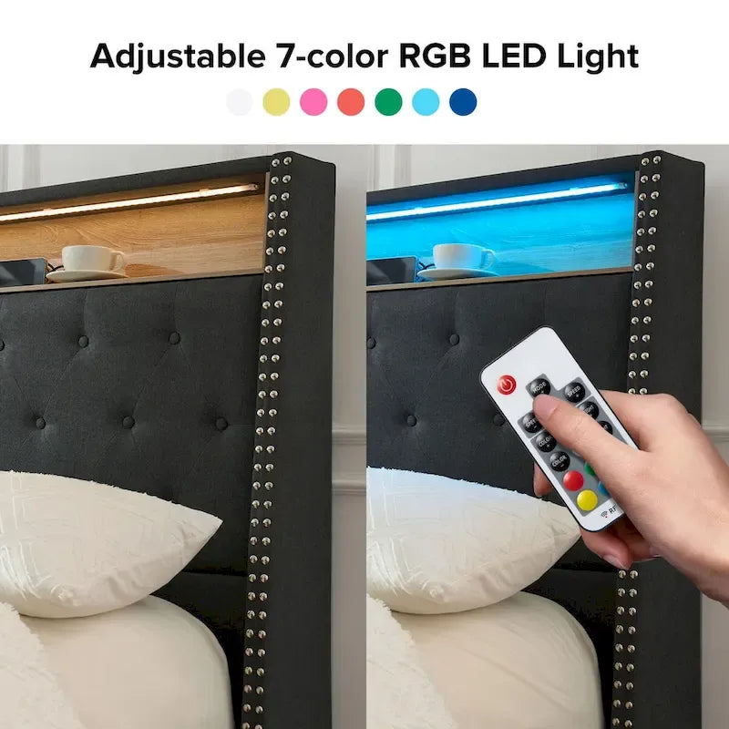 Jose Traditional 61.5 Stylish Tufted Bed with Storage Headboard and Warm Night Light by HULALA HOME