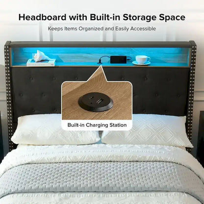 Jose Traditional 61.5 Stylish Tufted Bed with Storage Headboard and Warm Night Light by HULALA HOME