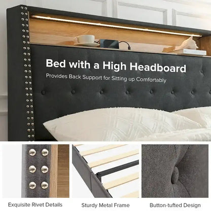 Jose Traditional 61.5 Stylish Tufted Bed with Storage Headboard and Warm Night Light by HULALA HOME