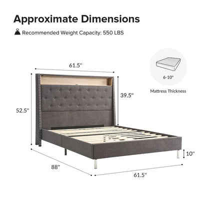 Jose Traditional 61.5 Stylish Tufted Bed with Storage Headboard and Warm Night Light by HULALA HOME