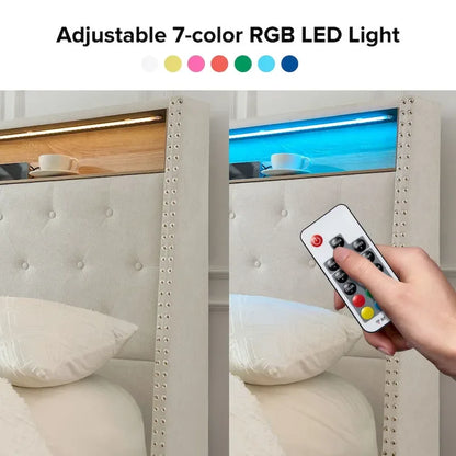 Jose Traditional 61.5 Stylish Tufted Bed with Storage Headboard and Warm Night Light by HULALA HOME