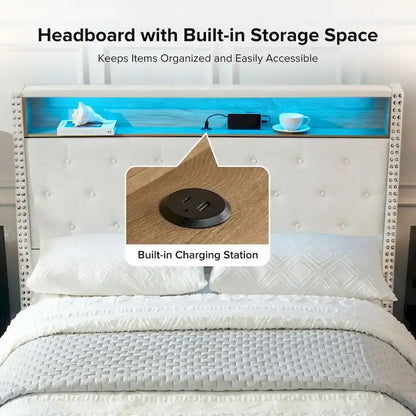 Jose Traditional 61.5 Stylish Tufted Bed with Storage Headboard and Warm Night Light by HULALA HOME