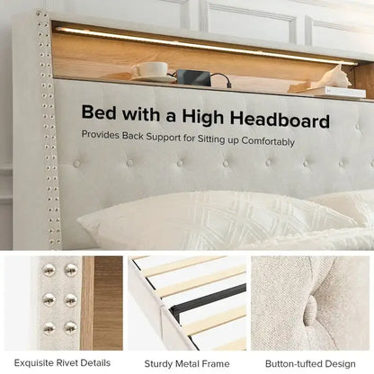 Jose Traditional 61.5 Stylish Tufted Bed with Storage Headboard and Warm Night Light by HULALA HOME