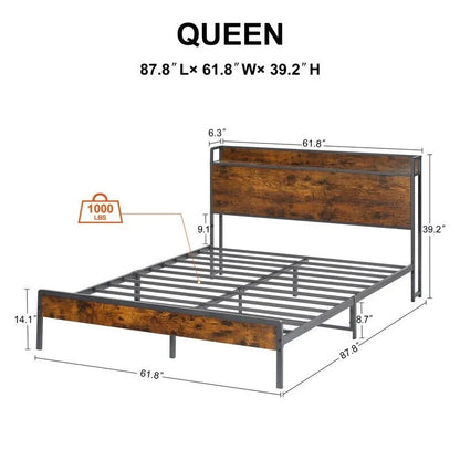 Mieres Queen Size Bed Frame, Platform Bed with Storage Headboard and Charging Station, Non-Slip Without Noise