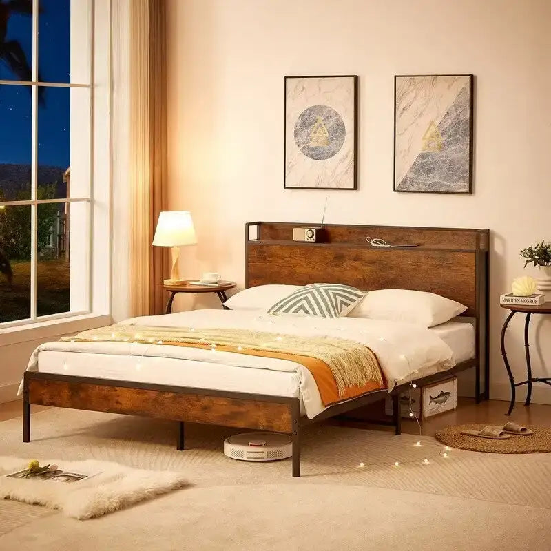 Mieres Queen Size Bed Frame, Platform Bed with Storage Headboard and Charging Station, Non-Slip Without Noise