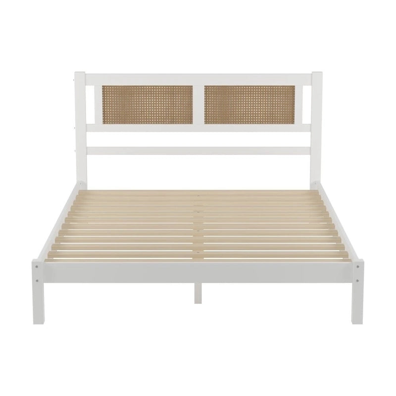 Queen Size Wood Platform Bed with Natural Rattan Headboard,Exquisite Elegance with Minimalist Charm