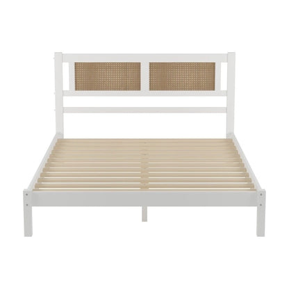 Queen Size Wood Platform Bed with Natural Rattan Headboard,Exquisite Elegance with Minimalist Charm