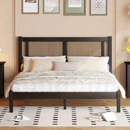 Queen Size Wood Platform Bed with Natural Rattan Headboard,Exquisite Elegance with Minimalist Charm