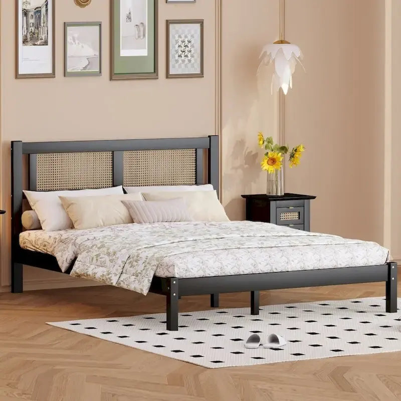 Queen Size Wood Platform Bed with Natural Rattan Headboard,Exquisite Elegance with Minimalist Charm