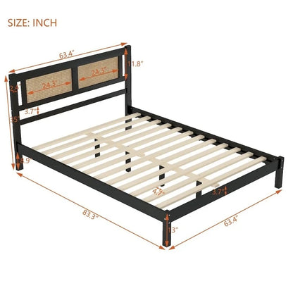 Queen Size Wood Platform Bed with Natural Rattan Headboard,Exquisite Elegance with Minimalist Charm