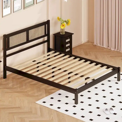 Queen Size Wood Platform Bed with Natural Rattan Headboard,Exquisite Elegance with Minimalist Charm