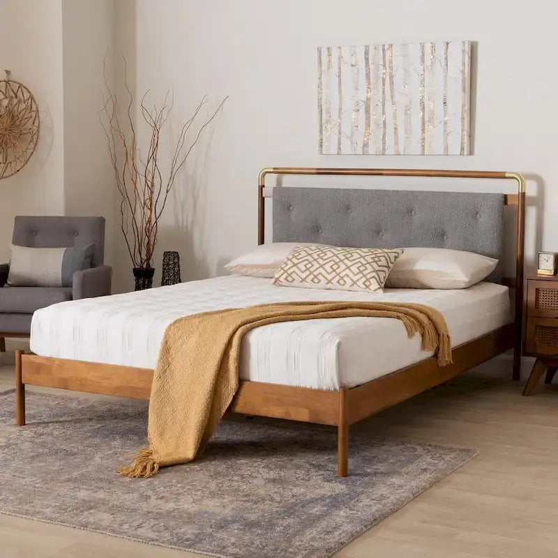 Edwina Mid-Century Light Grey Boucle Fabric and Walnut Brown Wood Queen Size Platform Bed