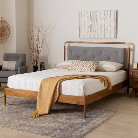 Edwina Mid-Century Light Grey Boucle Fabric and Walnut Brown Wood Queen Size Platform Bed