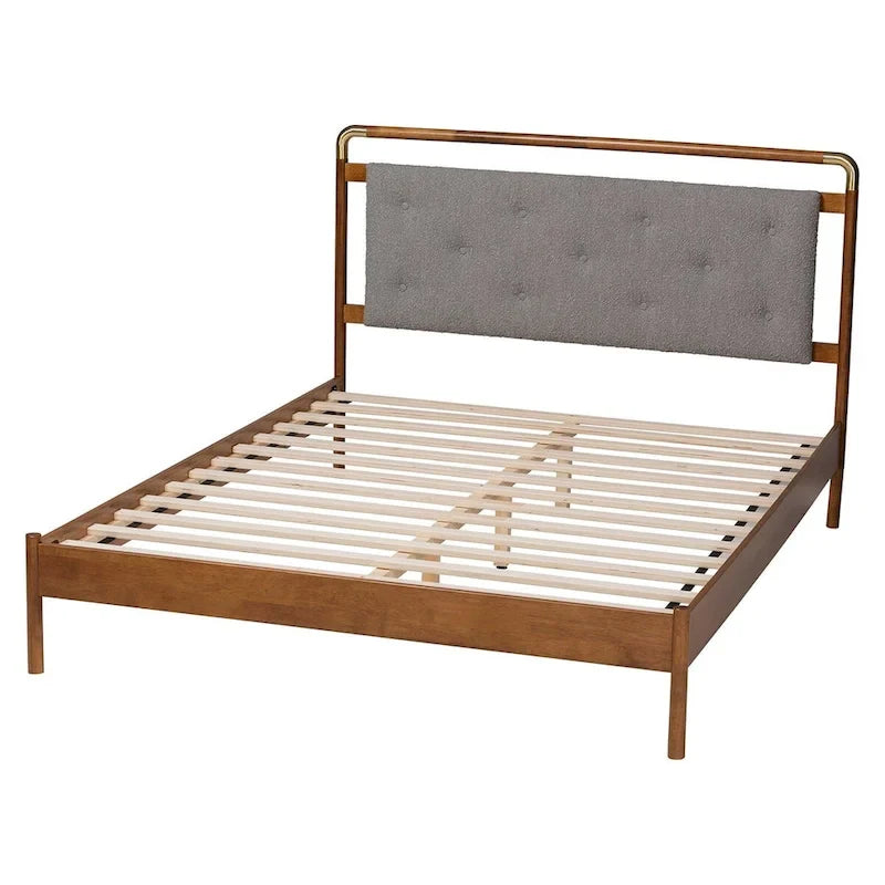 Edwina Mid-Century Light Grey Boucle Fabric and Walnut Brown Wood Queen Size Platform Bed