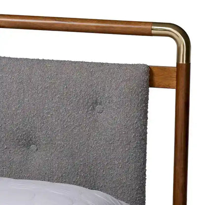 Edwina Mid-Century Light Grey Boucle Fabric and Walnut Brown Wood Queen Size Platform Bed