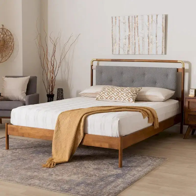 Edwina Mid-Century Light Grey Boucle Fabric and Walnut Brown Wood Queen Size Platform Bed