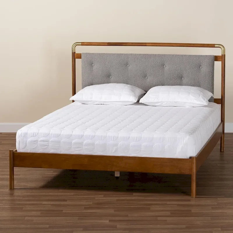 Edwina Mid-Century Light Grey Boucle Fabric and Walnut Brown Wood Queen Size Platform Bed