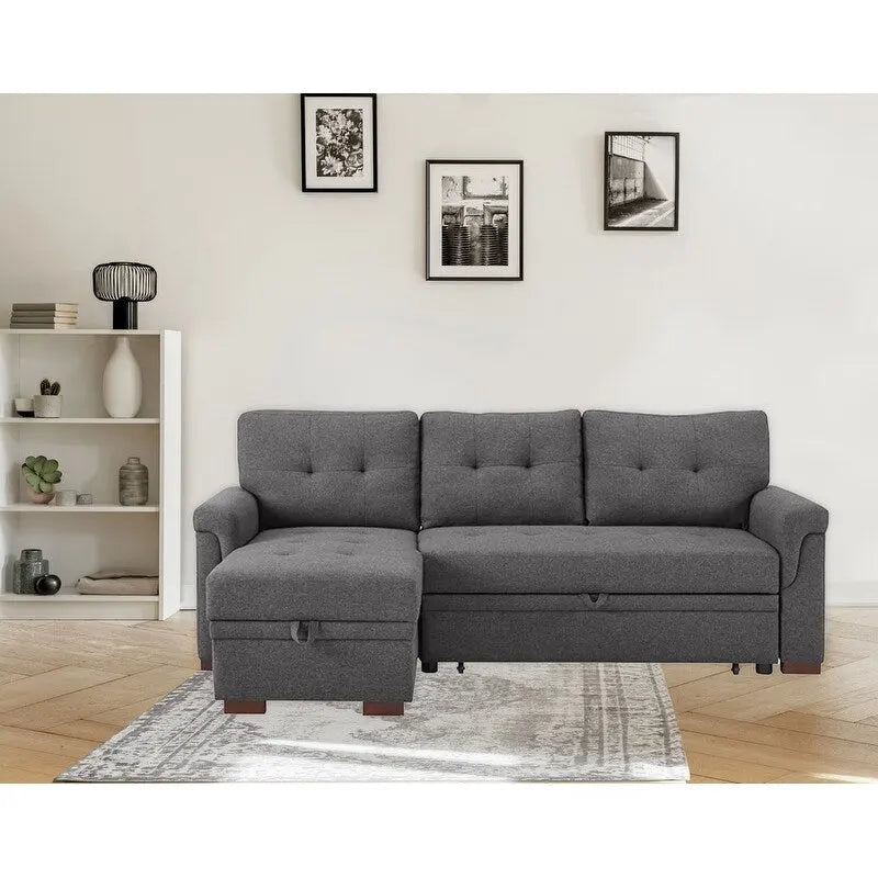 Solid Wood Frame Linen Reversible Sleeper Sectional Sofa with Storage Chaise